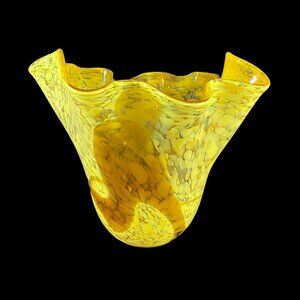 Vintage Handkerchief Vase Handblown Yellow & Clear Glass w/Abstract Amber Design
